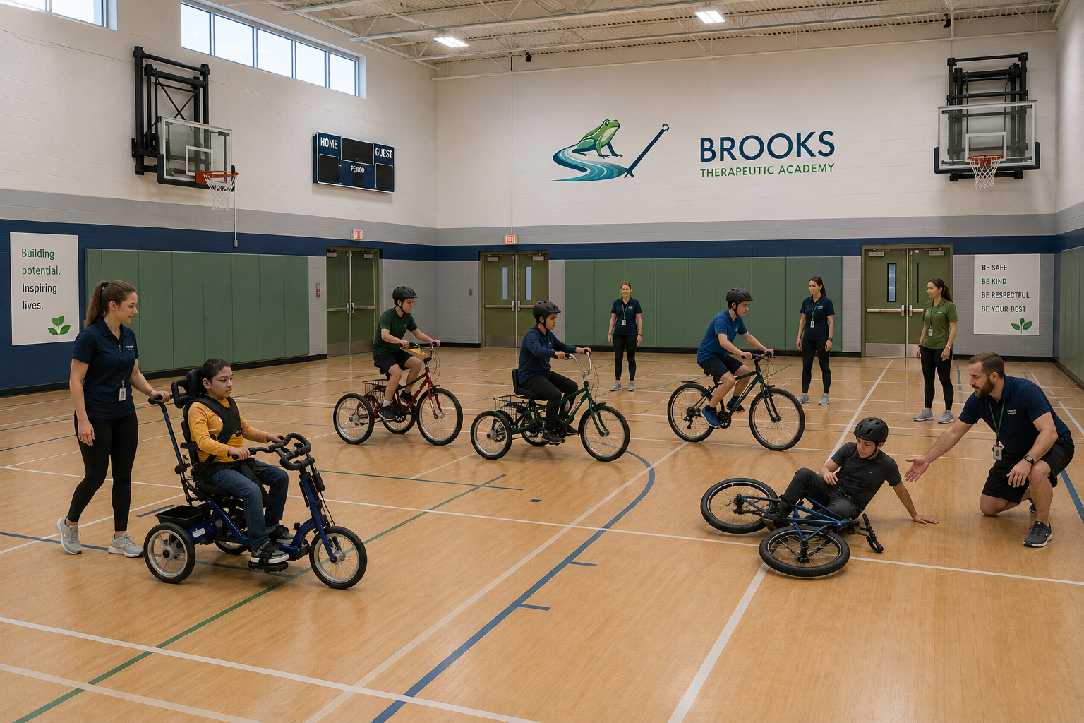 A young rider using an adaptive bike with supportive seating and a rear steering handle.