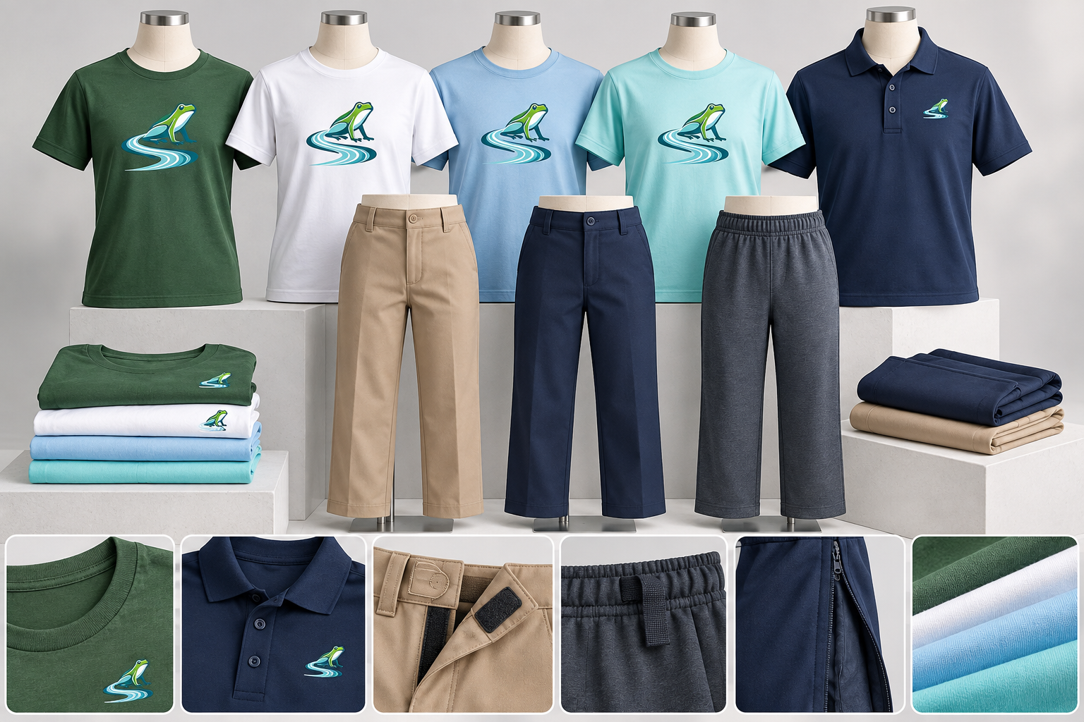 Brooks adaptive clothing line with soft green, white, light-blue, and aqua logo shirts; a navy polo; khaki and navy work-style pants; and a soft elastic-waist adaptive pant.